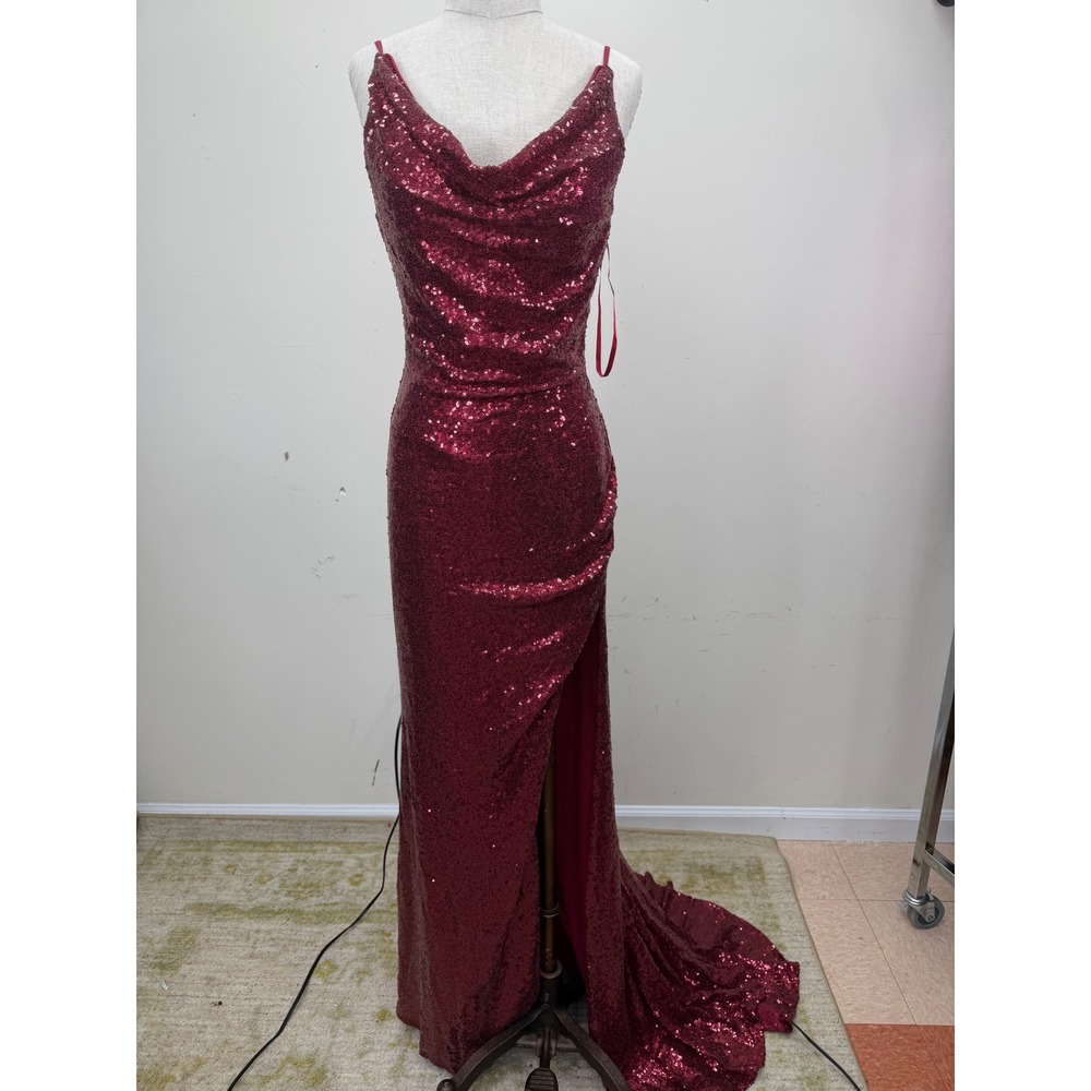 Hebeos Sequin Gown Womens 2 Burgundy Cowl Neck Side Slit Formal Prom Dress EUC